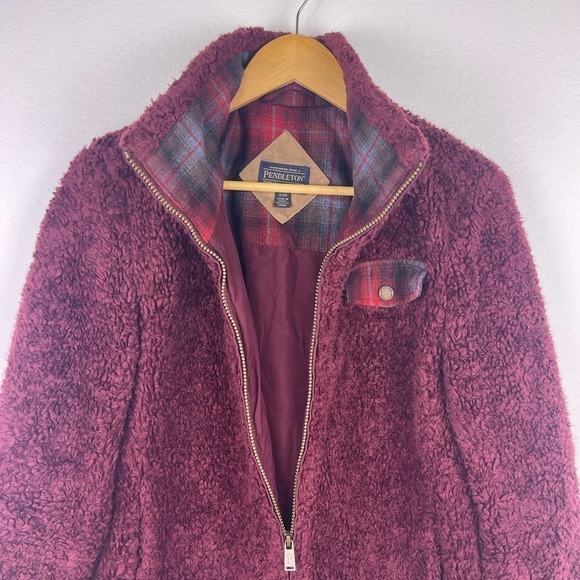 Pendleton Fuzzy Zip Jacket Burgundy Deep Pile Fleece Wool Collar Women's Small - Picture 6 of 12